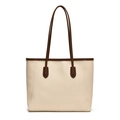 Beige tote bag with brown handles and vertical stitching on high-quality PU leather - White