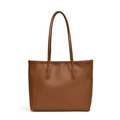 Minimalist brown faux leather tote bag with long shoulder straps and vertical stitching - Brown