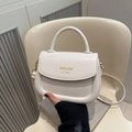 Chic cream white PU leather saddle bag with gold lettering and top handle for women - White
