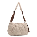 Gesteppte beige Daunentasche mit Fashion-Label und verstellbarem braunem Gurt - Hellbraun