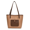 Borsa tote beige con trama geometrica, dettaglio tasca marrone e spalline da donna elegante - Cachi
