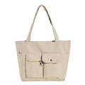 Grande borsa tote beige in tela con tasche funzionali per il pendolarismo quotidiano - Cachi
