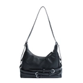 Bolso bandolera retro de cuero negro estilo motero con hebillas metálicas y gran espacio - Negro