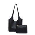 Conjunto de bolso shopper negro y neceser con cremallera en piel sintética para mujer - Bolso Tote + Bolsa Pequeña Conjunto de Dos Piezas / Negro