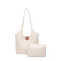 Conjunto de bolso tote crema de 2 piezas con estuche y detalles en cuero marrón - Bolso Tote + Bolsa Pequeña Conjunto de Dos Piezas / Blanco