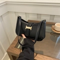 Minimalist black vintage square shoulder bag with gold H-buckle in a matte finish - Black