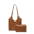 Conjunto de bolso tote de cuero marrón con estuche y cierre dorado - Bolso Tote + Bolsa Pequeña Conjunto de Dos Piezas / Marrón