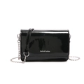 Glossy black patent leather rectangular crossbody bag with silver chain and white logo - Black
