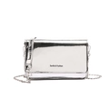 Silver mirror crossbody bag with metal chain strap and minimalist logo on white background - Silver