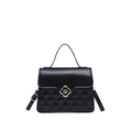 French style black square handbag with golden flower buckle and quilted leather texture - Black