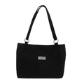 Large black corduroy tote bag with Fashion Instinct label and silver metal rings - Black