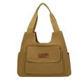 Bolso tote de lona estilo japonés amarillo mostaza con etiqueta fashion y bolsillo frontal - Caqui