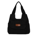 Bolso tote de lona negra minimalista con bolsillo frontal y etiqueta de cuero - Negro