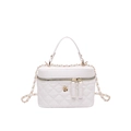 Borsa cosmetica trapuntata bianca in PU con emblema floreale dorato e tracolla a catena - Bianco