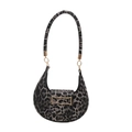 Hobo underarm bag featuring grey leopard print and a wavy gold metallic buckle - Black and Grey Leopard Print