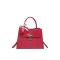 Chic red trapezoid leather handbag with silk scarf handle and metal square buckle - Red