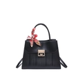 Elegant black tote bag with wave texture, gold clasp, and floral scarf handle wrap - Black