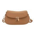 Minimalist light brown saddle bag in lychee texture leather with gold buckle detail - Khaki