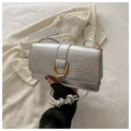 Silver crocodile texture small square bag with gold buckle and woven rope handle - Silver