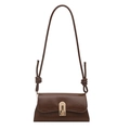 Minimalist deep brown faux leather baguette bag with gold U-shaped lock and knotted strap - Brown