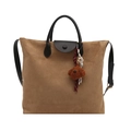 Brown suede tote bag with black leather handles and cute teddy bear charm pendant - Bag / Khaki