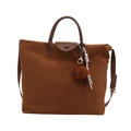 Brown suede tote bag with leather handles and cute plush bear charm decoration - Bag / Brown
