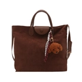 Retro matte large tote bag in dark brown suede with leather handles and teddy charm - Bag / Brown