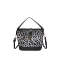 Silver-grey leopard print bucket bag with black base and adjustable strap on white background - Black