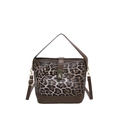Trendy leopard print bucket bag with brown leather handles and adjustable shoulder strap - Brown