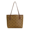 Retro large capacity tote bag with khaki printed pattern and brown leather straps - Brown