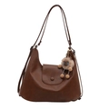 Dark brown faux leather crescent tote bag with a cute beige lamb plush pendant - Bag / Brown