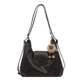 Retro black leather hobo shoulder bag with a cute plush lion charm and snap closure - Bag / Black