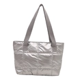 Metallic silver padded tote bag with quilted pattern and grey woven handles - Silver