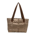 Quilted bronze puffer tote bag with brown straps and metallic padded finish for winter - Gold