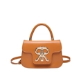 Caramel brown leather crossbody bag with crown-shaped gold buckle and top handle - Brown