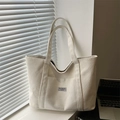 White corduroy tote bag with Fashion Instinct label and exterior pocket for daily use - White