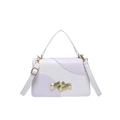 White and lilac two-tone square handbag with gold wave buckle and croc embossed texture - White