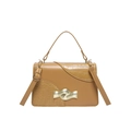 Minimalist square crossbody bag for women in tan crocodile pattern leather with gold buckle - Brown