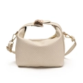 Chic beige woven pillow bag with golden lock and adjustable crossbody strap - White