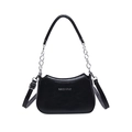 Black leather underarm bag with silver chain strap and metal logo on white background - Black