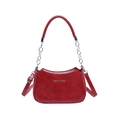 Retro deep red crescent handbag in glossy oil wax leather with silver chain strap - Red