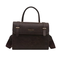 Dark brown textured leather crossbody bag with gold text and adjustable wide strap - Brown