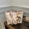 Sac fourre-tout beige avec bordure rose, imprimé ours et charmant pendentif d'ours - Avec Pendentif / Rose