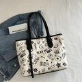 White faux leather tote bag with black graffiti bear print and long black shoulder straps - Without Pendant / Black