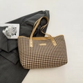 Sac fourre-tout à motif pied-de-poule et bordure en cuir marron pour le quotidien - Kaki