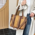 Vertical striped canvas tote bag with brown handles and adjustable crossbody strap - Brown