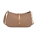 Modern khaki shoulder bag with gold metal lock and leather strap on white background - Khaki