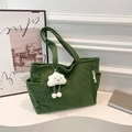Retro dark green corduroy tote bag with cute cloud charm for casual daily use - Green With Pendant