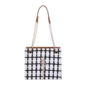 Geruite tweed shopper met bruine leren bies en dubbele kettingriemen voor de wintermode - Bruin