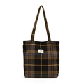 Brown wool tote bag with large blue and yellow plaid patterns and shoulder straps - Coffee Plaid without Pendant